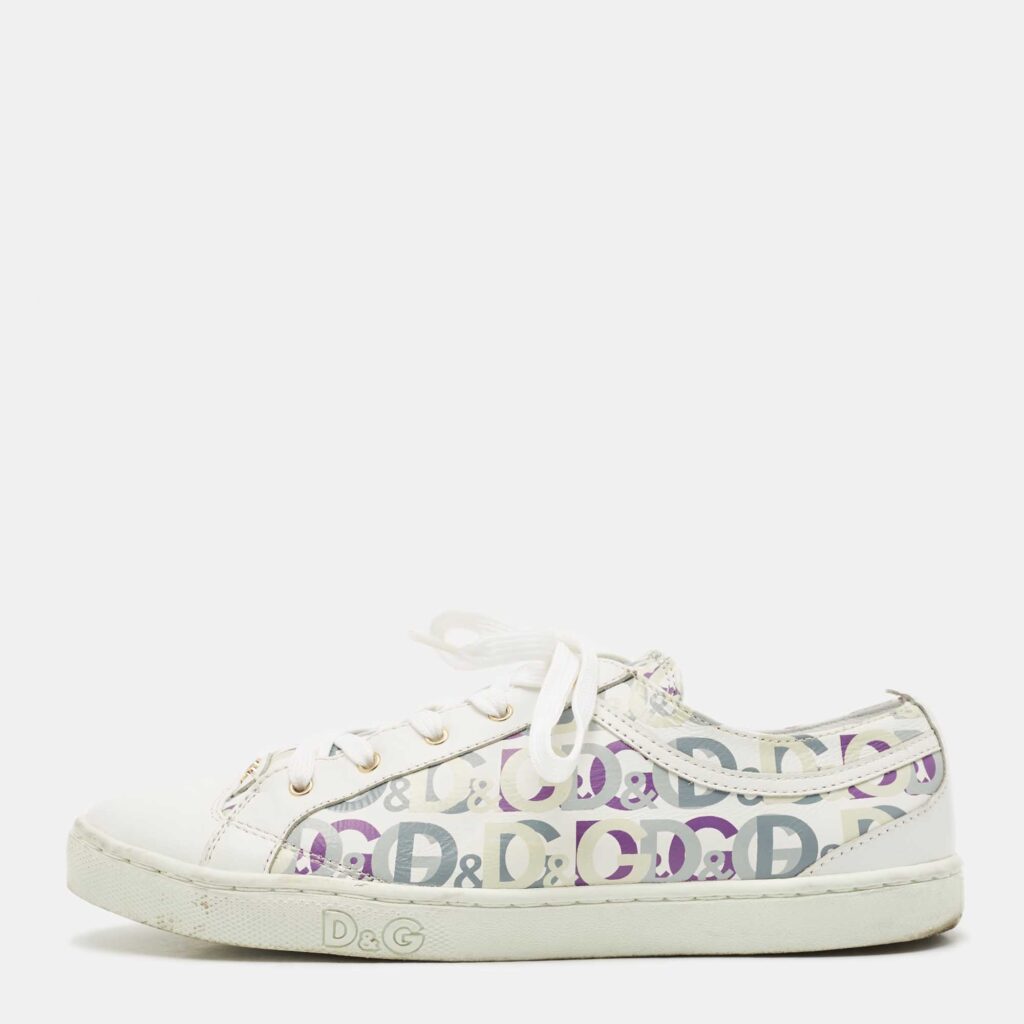 D & G White Leather D&G Allover Low Top Sneakers Size 37 D & G White Leather D&G Allover Low Top Sneakers Size 37
