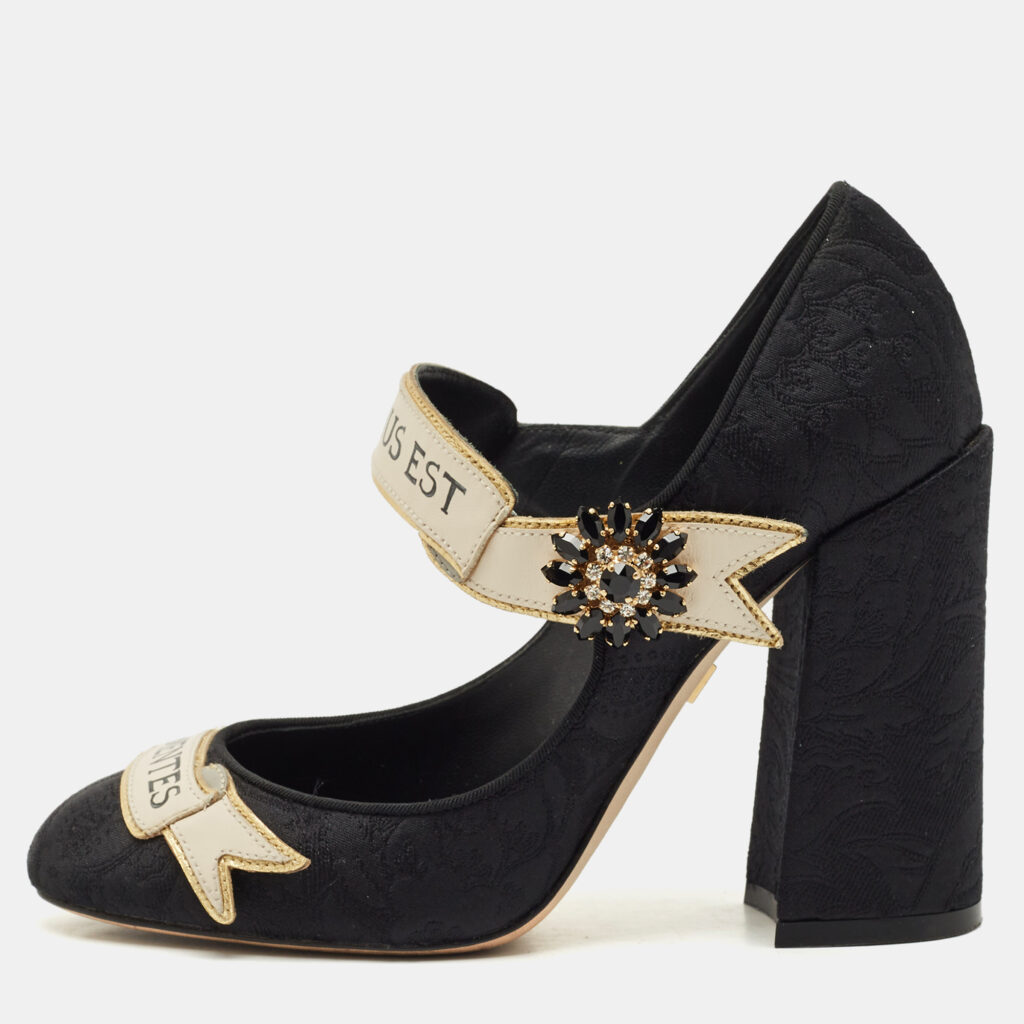 luxury-women-dolcegabbana-used-shoes-p1177734-001.jpg Dolce & Gabbana Black Brocade Fabric and Leather Crystal Embellished Mary Jane Pumps Size 37