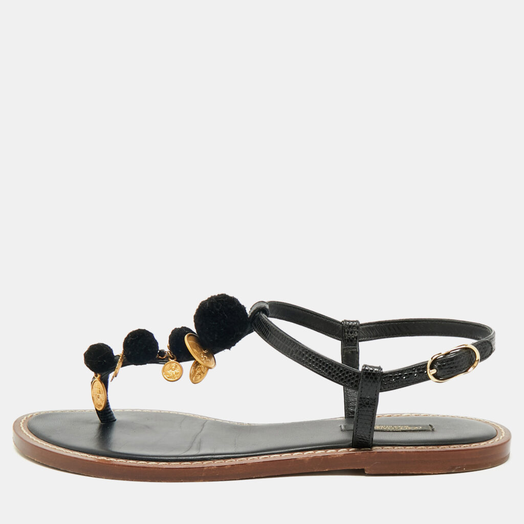 Dolce & Gabbana Black Lizard Embossed Leather Embellished Thong Flats Size 38.5 Dolce & Gabbana Black Lizard Embossed Leather Embellished Thong Flats Size 38.5