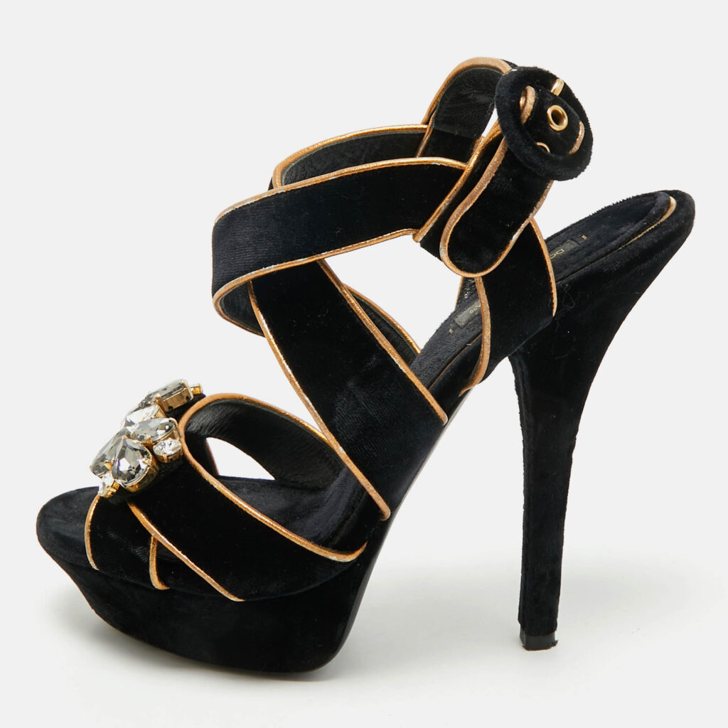 Dolce & Gabbana Black/Gold Velvet and Leather Crystal Embellished Platform Sandals Size 39 Dolce & Gabbana Black/Gold Velvet and Leather Crystal Embellished Platform Sandals Size 39