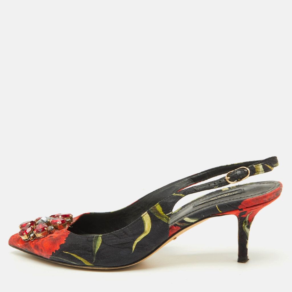 Dolce & Gabbana Black Brocade Floral Fabric Crystal Embellished Slingback Pumps Size 39.5 Dolce & Gabbana Black Brocade Floral Fabric Crystal Embellished Slingback Pumps Size 39.5