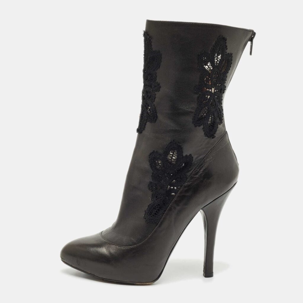 Dolce & Gabbana Black Leather and Lace Mid Calf Boots Size 37 Dolce & Gabbana Black Leather and Lace Mid Calf Boots Size 37