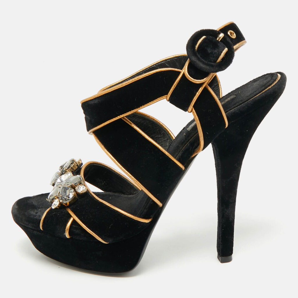 Dolce & Gabbana Black/Gold Velvet and Leather Crystal Embellished Platform Sandals Size 38.5