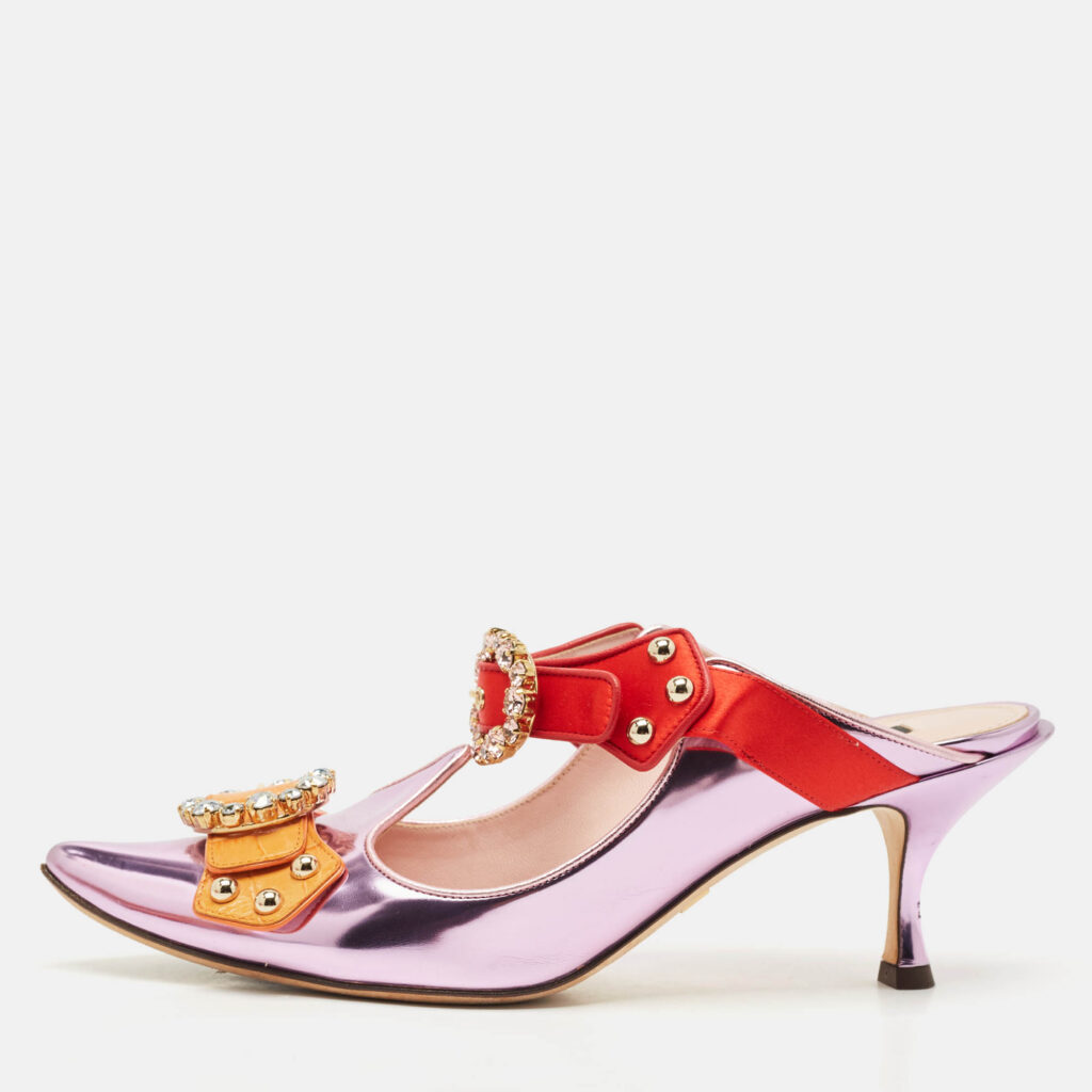 Dolce & Gabbana Tricolor Leather Crystal Embellished Buckle Detail Ankle Strap Mules Size 40 Dolce & Gabbana Tricolor Leather Crystal Embellished Buckle Detail Ankle Strap Mules Size 40