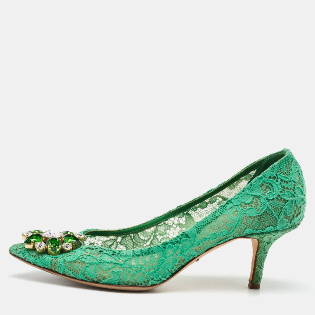 Dolce & Gabbana Green Lace Bellucci Crystal Embellishment Pumps Size 37 Dolce & Gabbana Green Lace Bellucci Crystal Embellishment Pumps Size 37