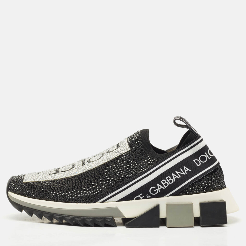 Dolce & Gabbana Black/White Knit Fabric Crystal Embellished Sorrento Slip On Sneakers Size 38.5 Dolce & Gabbana Black/White Knit Fabric Crystal Embellished Sorrento Slip On Sneakers Size 38.5