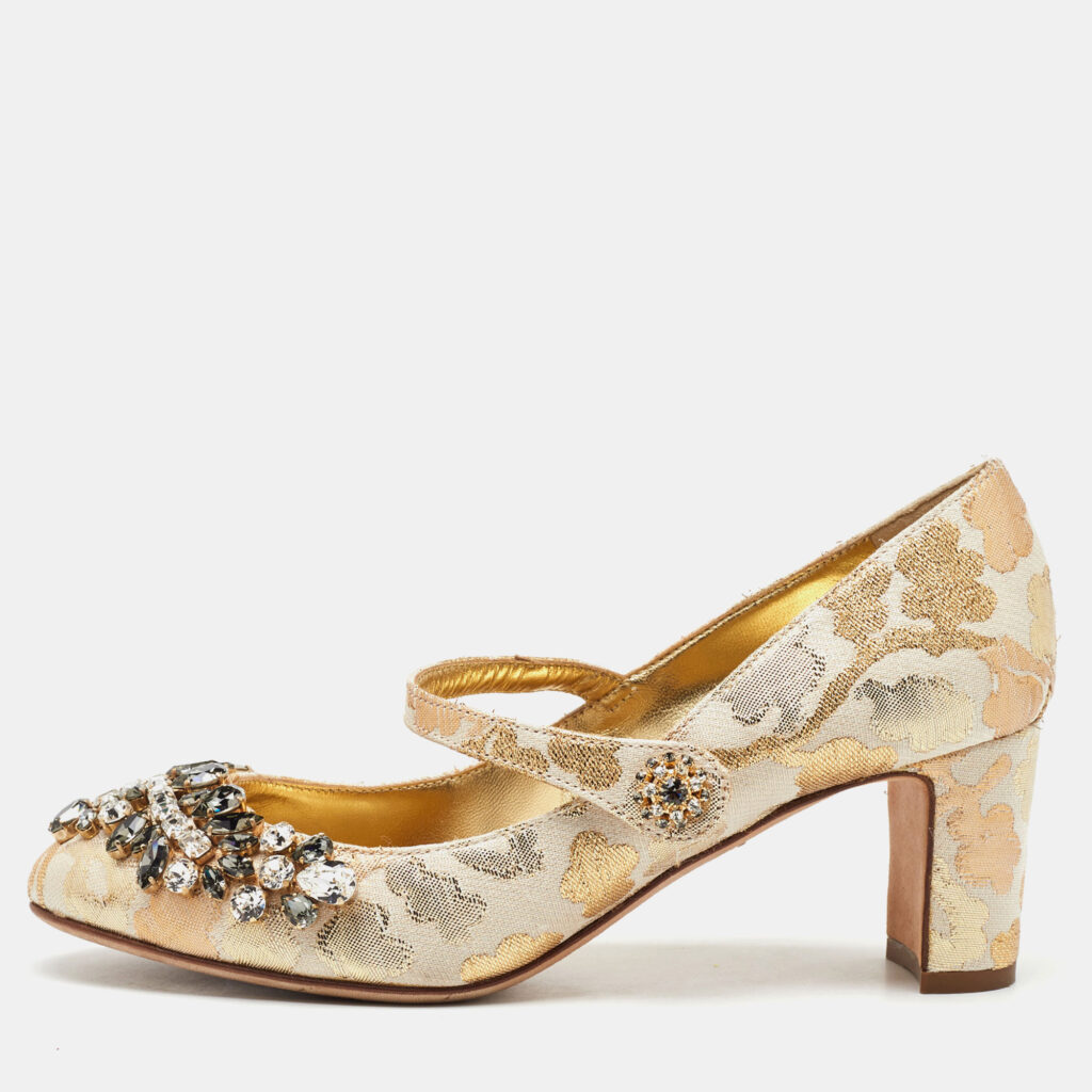 Dolce & Gabbana Gold/White Brocade Fabric Crystal Embellished Mary Jane Pumps Size 38 Dolce & Gabbana Gold/White Brocade Fabric Crystal Embellished Mary Jane Pumps Size 38