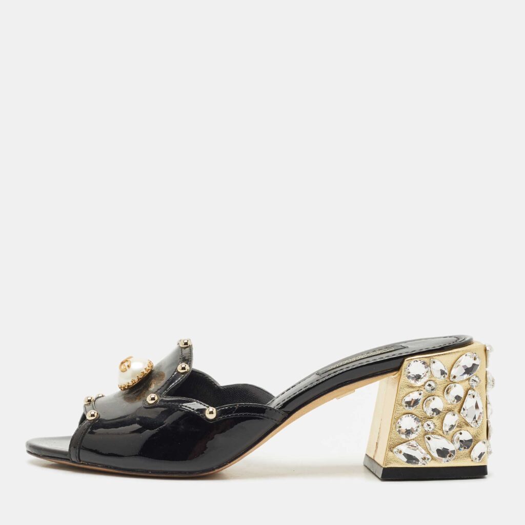 Dolce & Gabbana Black Patent Leather Crystal Embellished Slide Sandals Size 36.5 Dolce & Gabbana Black Patent Leather Crystal Embellished Slide Sandals Size 36.5