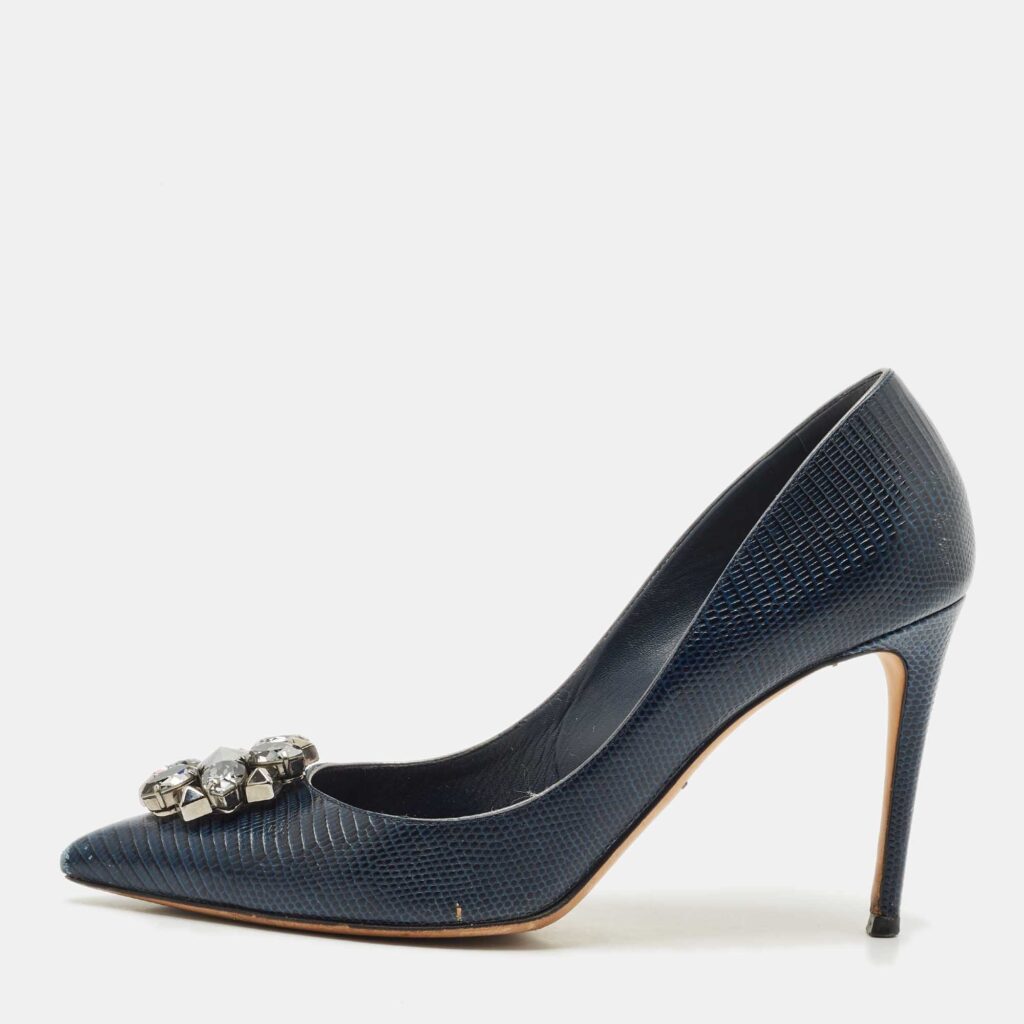 Dolce & Gabbana Navy Blue Lizard Embossed Leather Bellucci Pumps Size 41
