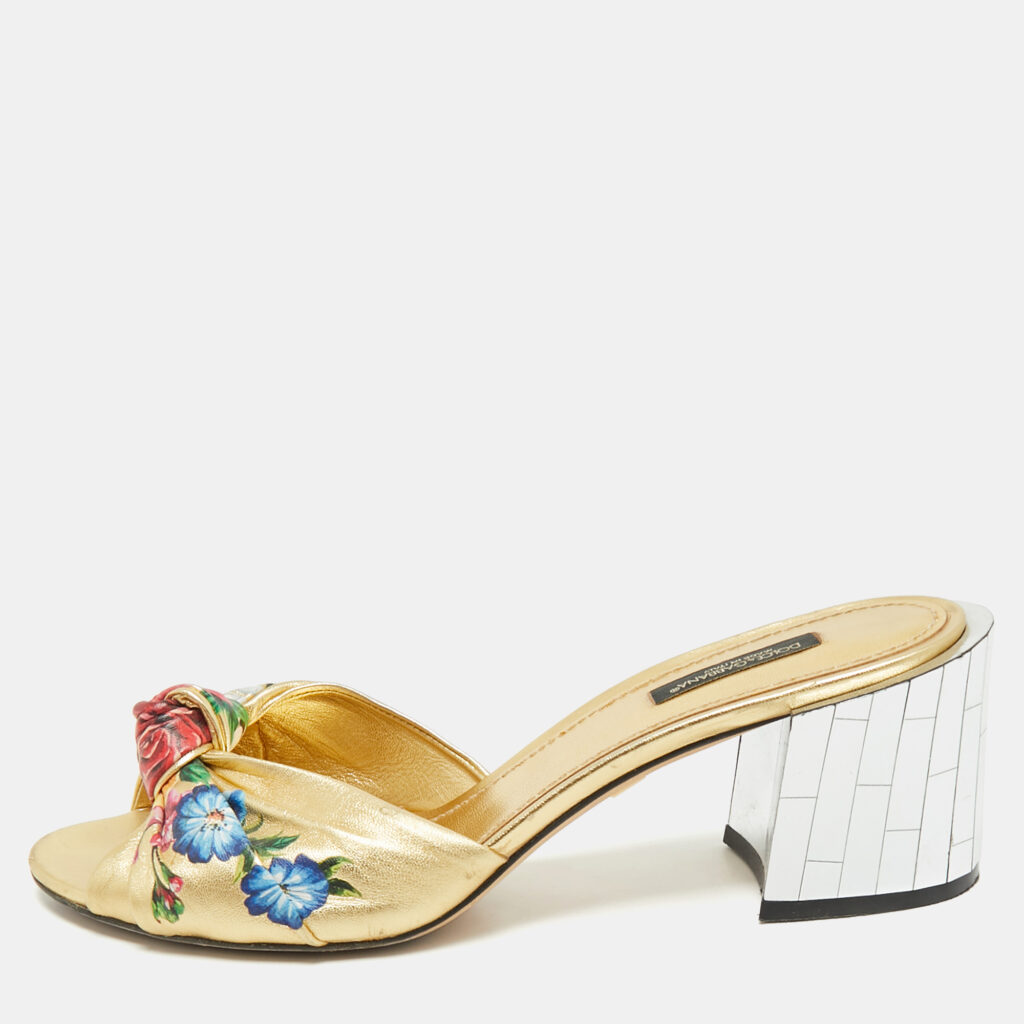 Dolce & Gabbana Gold Floral Print Leather Mirrored Heel Slide Sandals Size 39 Dolce & Gabbana Gold Floral Print Leather Mirrored Heel Slide Sandals Size 39