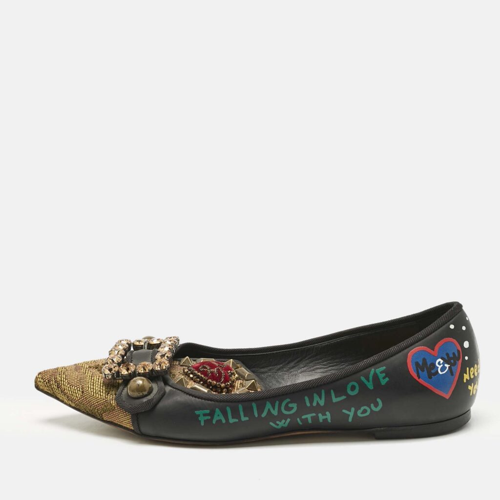 Dolce & Gabbana Black Canvas and Leather Crystal Embellishment Ballet Flats Size 38 Dolce & Gabbana Black Canvas and Leather Crystal Embellishment Ballet Flats Size 38