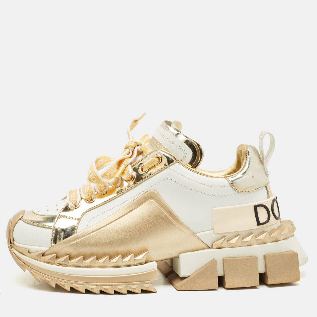 Dolce & Gabbana White/Gold Leather Super King Lace Up Sneakers Size 35.5 Dolce & Gabbana White/Gold Leather Super King Lace Up Sneakers Size 35.5