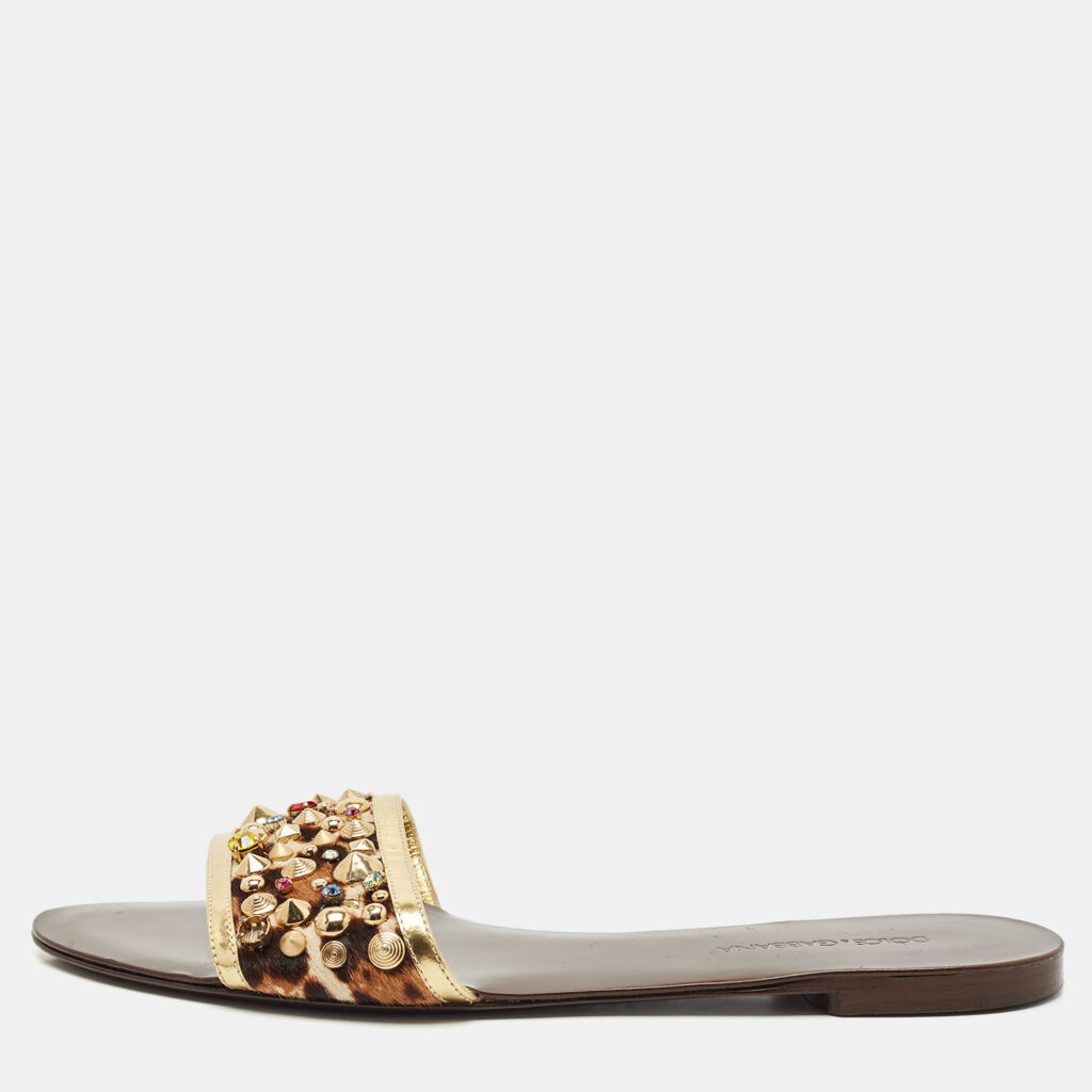 Dolce & Gabbana Gold Calf Hair and Leather Crystal Embellished Flat Slide Size 40