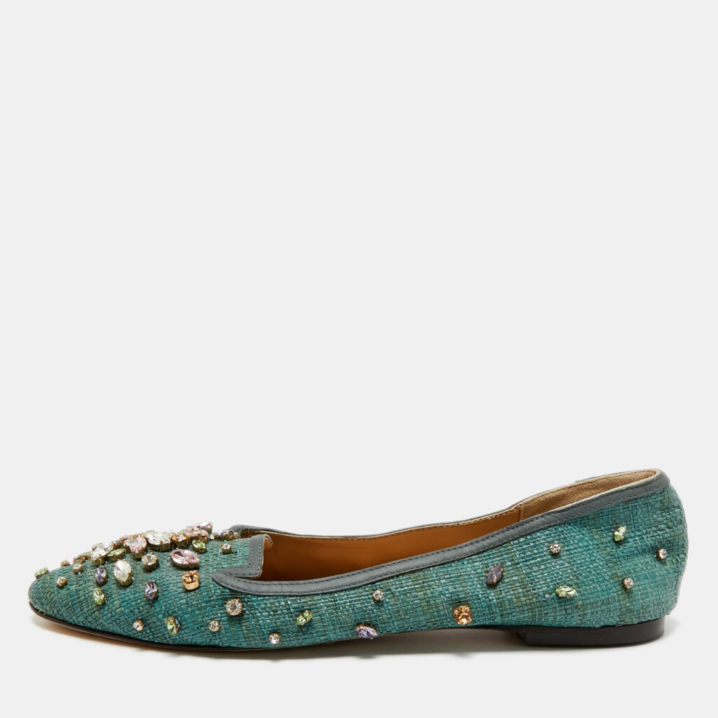 Dolce & Gabbana Green Raffia Crystal Embellished Smoking Slippers Size 40 Dolce & Gabbana Green Raffia Crystal Embellished Smoking Slippers Size 40