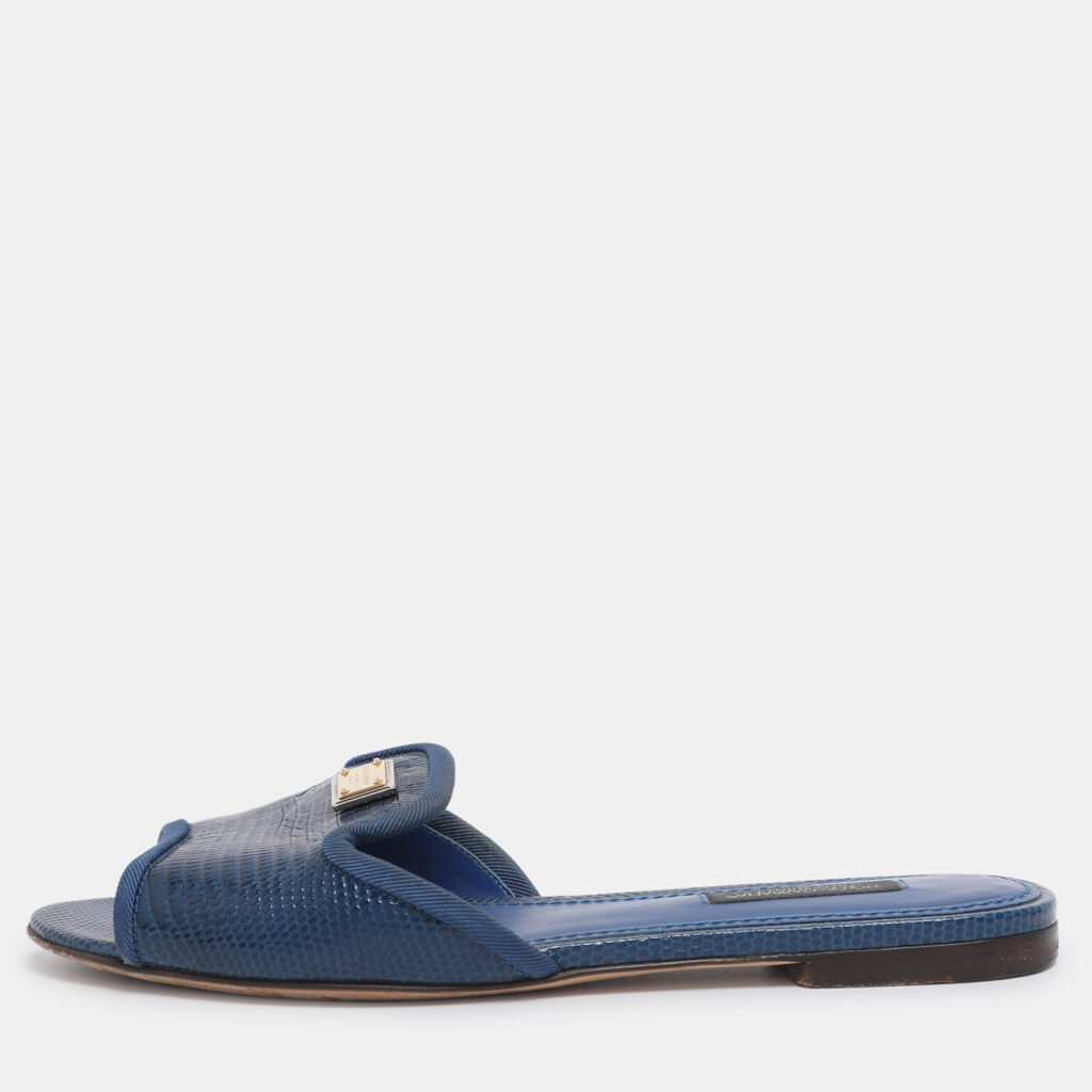 Dolce & Gabbana Blue Lizard Embossed Leather Sofia Slides Size 35