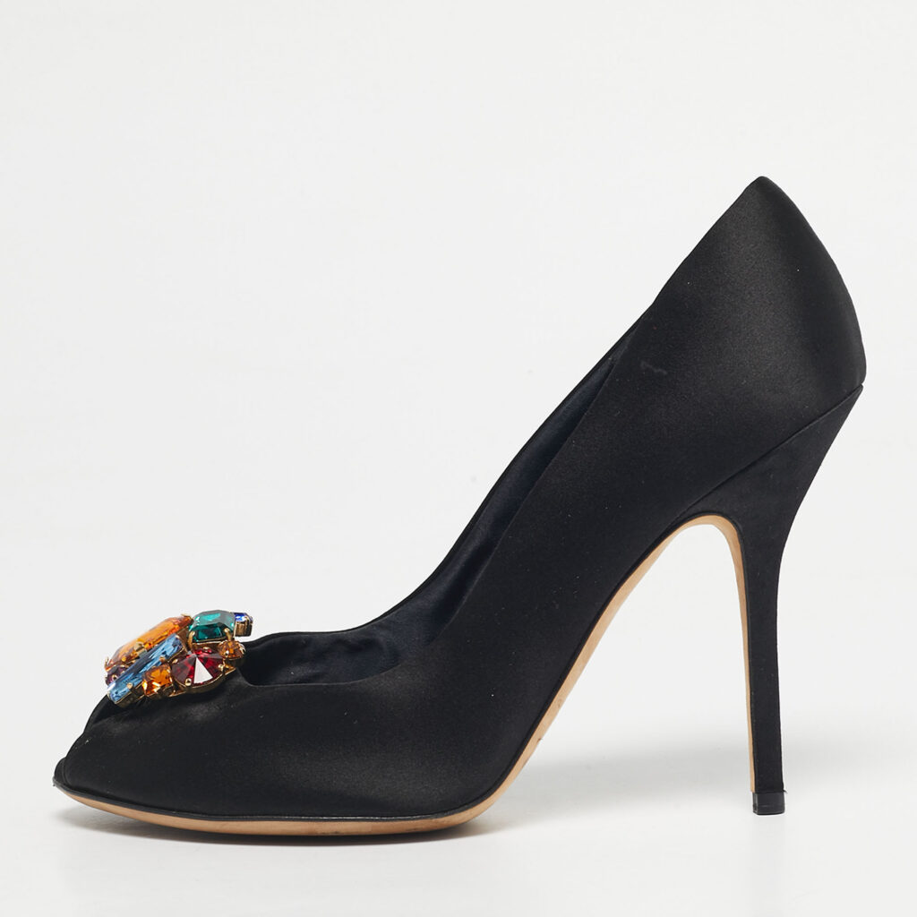 Dolce & Gabbana Black Satin Crytal Embellished Open Toe Pumps Size 40