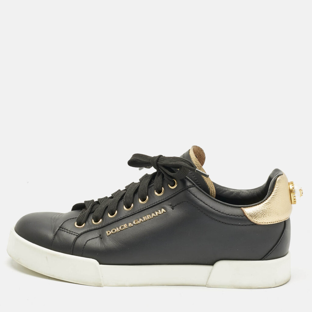 Dolce & Gabbana Black/Gold Leather Portofino Pearl Embellished Low Top Sneakers Size 40 Dolce & Gabbana Black/Gold Leather Portofino Pearl Embellished Low Top Sneakers Size 40
