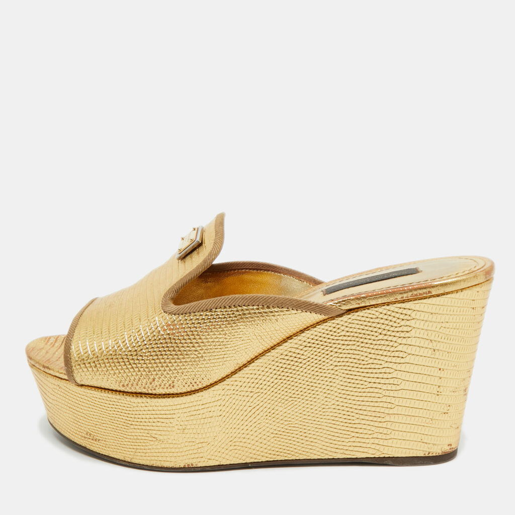 Dolce & Gabbana Gold Lizard Embossed Leather Wedge Sandals Size 37