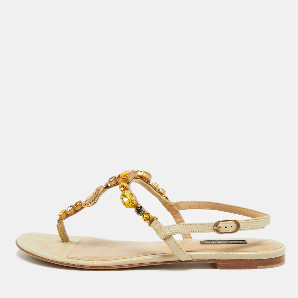 Dolce & Gabbana Beige Lizard Embossed Leather Crystal Embellished Thong Flat Sandals Size 39.5