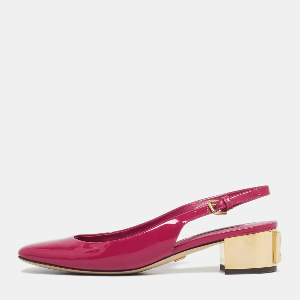 Dolce & Gabbana Pink Patent Leather DG Block Heel Slingback Pumps Size 37
