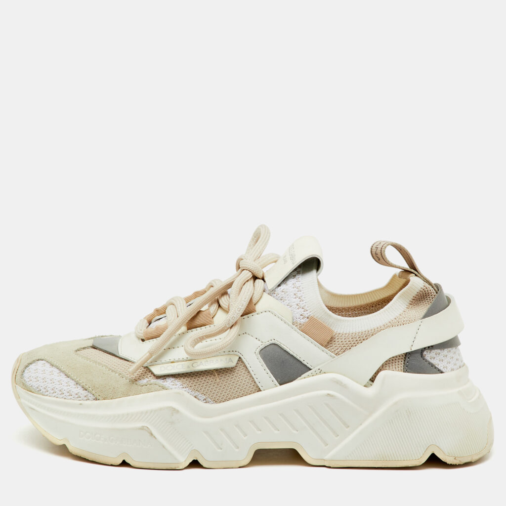 Dolce & Gabbana White/Beige Knit Fabric and Leather Daymaster Sneakers Size 37.5 Dolce & Gabbana White/Beige Knit Fabric and Leather Daymaster Sneakers Size 37.5