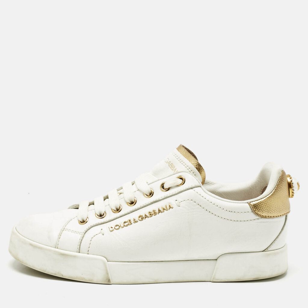 Dolce & Gabbana White/Gold Leather Portofino Pearl Embellished Low Top Sneakers Size 37.5 Dolce & Gabbana White/Gold Leather Portofino Pearl Embellished Low Top Sneakers Size 37.5