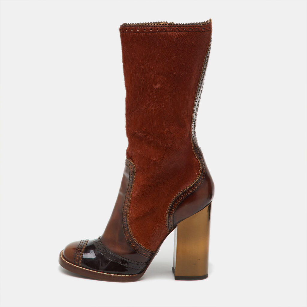 Dolce & Gabbana Brown Patent Leather and Calf Hair Calf Length Boots Size 39 Dolce & Gabbana Brown Patent Leather and Calf Hair Calf Length Boots Size 39