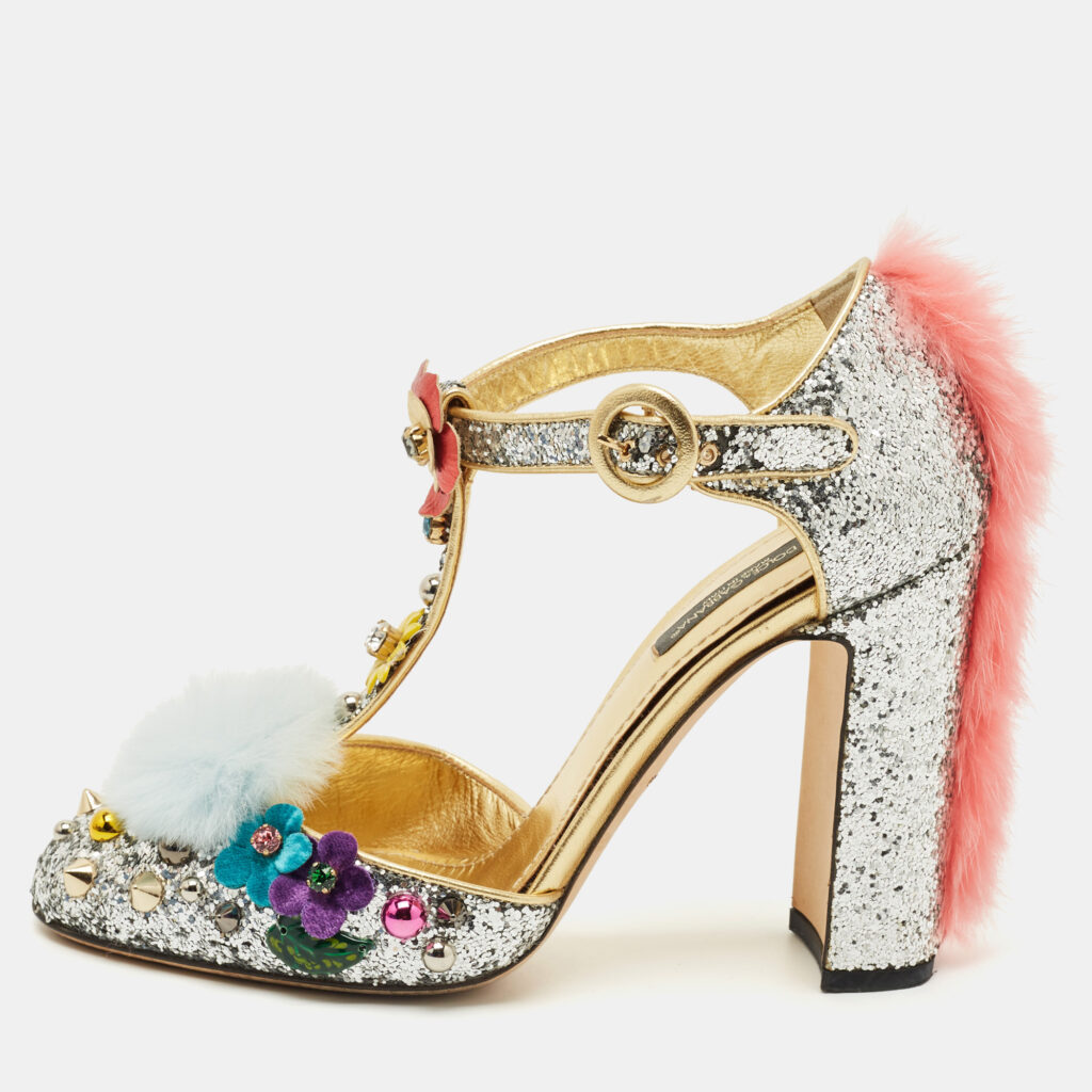 Dolce & Gabbana Silver Glittered and Leather Fluffy Mary Jane Pumps Size 37.5