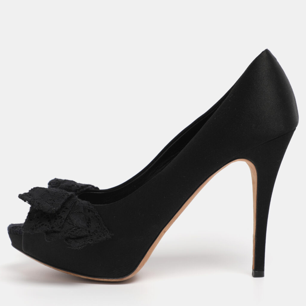 Dolce & Gabbana Black Satin Lace Bow Platform Pumps Size 39
