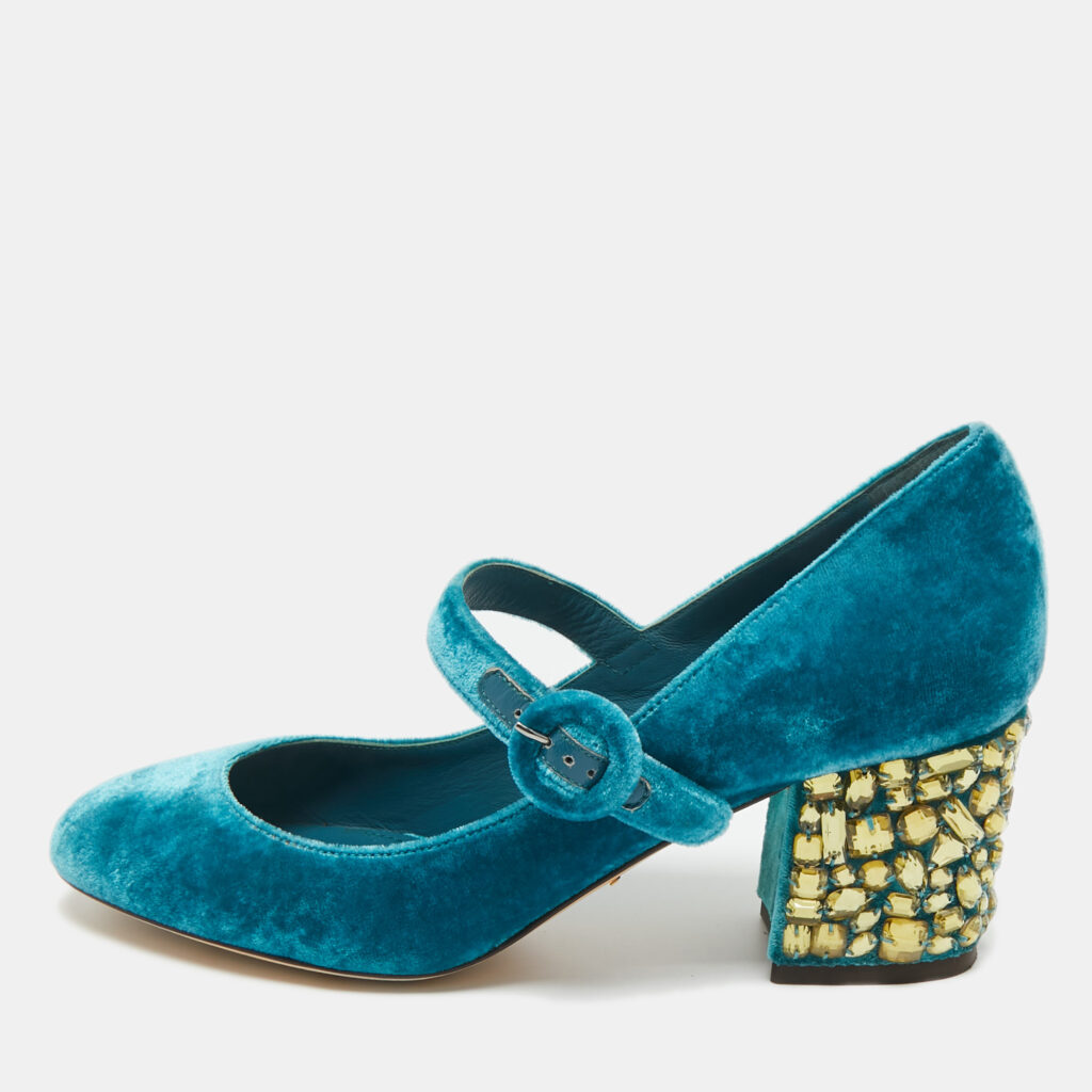 Dolce & Gabbana Blue Velvet Crystal Embellished Mary Jane Pumps Size 36.5 Dolce & Gabbana Blue Velvet Crystal Embellished Mary Jane Pumps Size 36.5