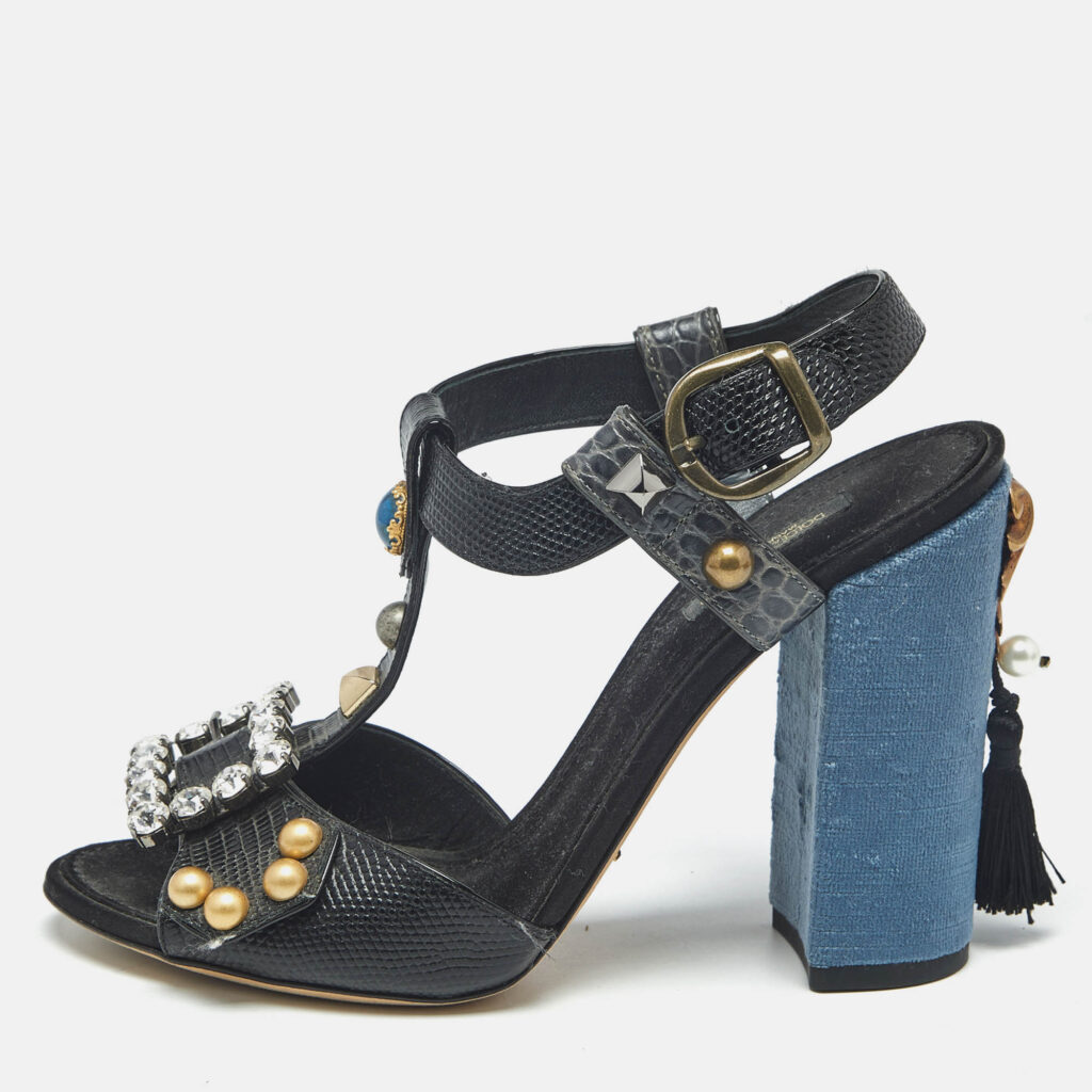Dolce & Gabbana Black Lizard Embossed Leather and Velvet T Strap Sandals Size 40 Dolce & Gabbana Black Lizard Embossed Leather and Velvet T Strap Sandals Size 40
