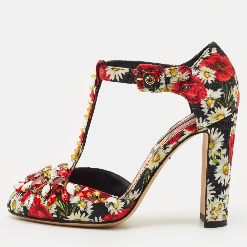 Dolce & Gabbana Multicolor Brocade Fabric Crystal Embellished Mary Jane Pumps Size 36 Dolce & Gabbana Multicolor Brocade Fabric Crystal Embellished Mary Jane Pumps Size 36