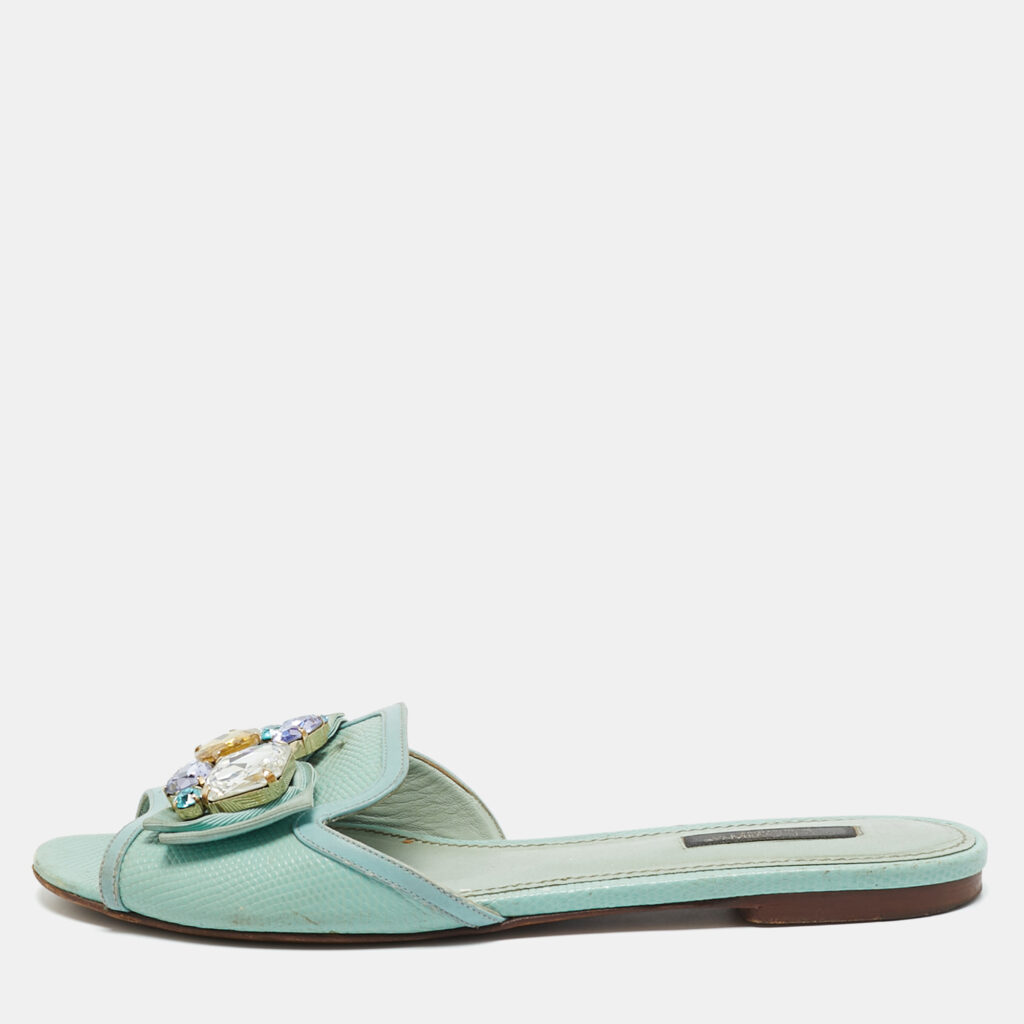 Dolce & Gabbana Blue Lizard Embossed Leather Crystal Embellished Bow Flat Slides Size Size 38.5