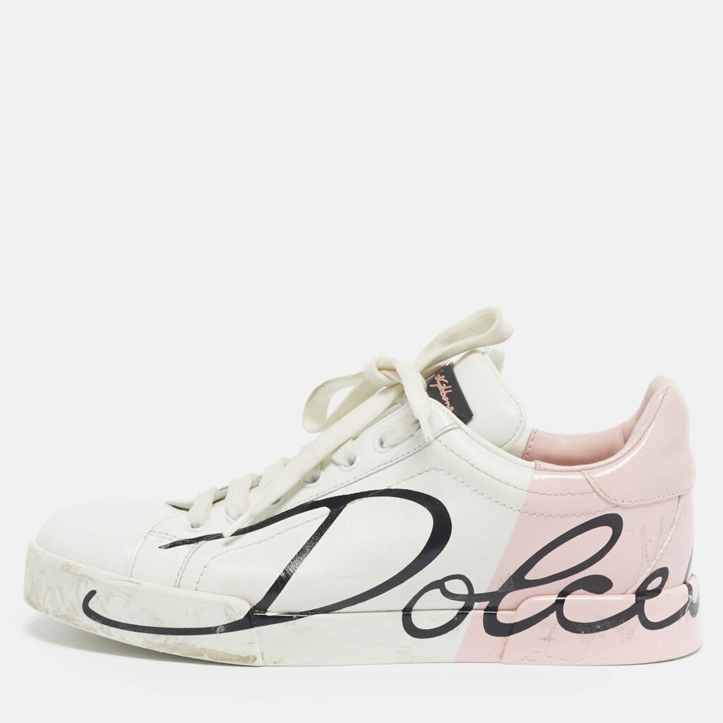 Dolce & Gabbana White/Pink Leather Portofino Low Top Sneakers Size 37