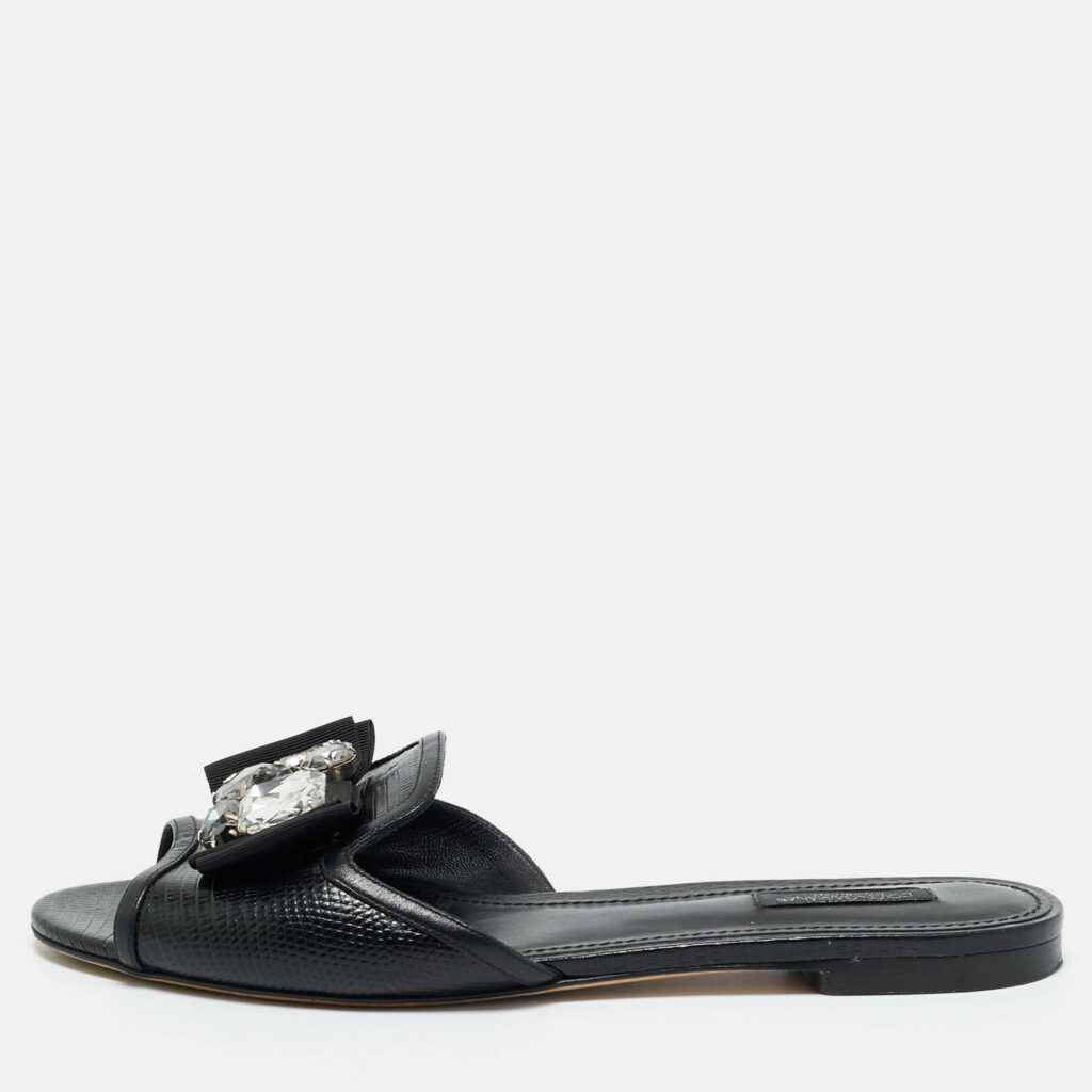luxury-women-dolcegabbana-used-shoes-p1215950-010.jpg Dolce & Gabbana Black Lizard Embossed Leather Crystal Embellish Flat Slides Size 40