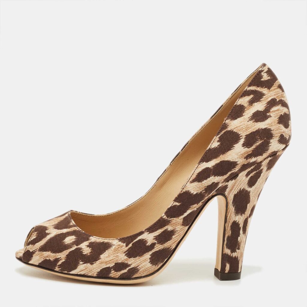 Dolce & Gabbana Brown/Beige Leopard Print Fabric Peep Toe Pumps Size 37.5