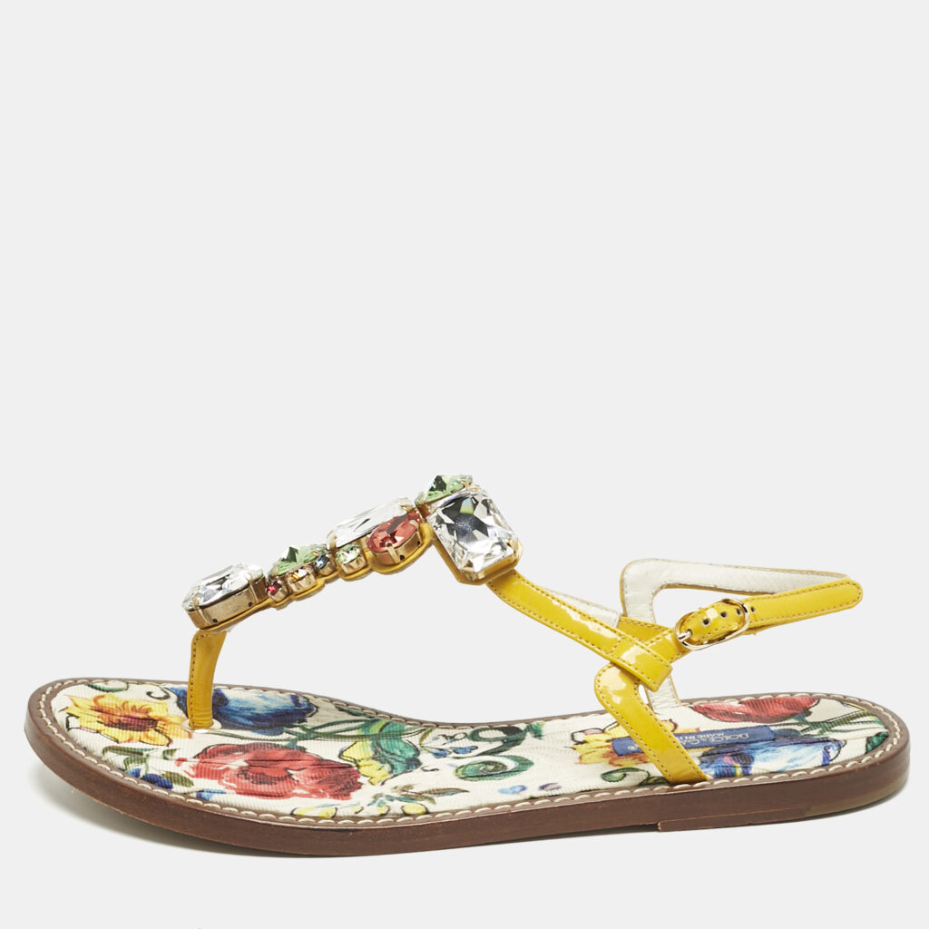 Dolce & Gabbana Multicolor Patent Crystal Embellished Thong Strap Flat Sandals Size 37