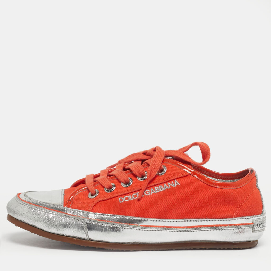 Dolce & Gabbana Orange/Sliver Leather and Canvas Lace Up Low Top Sneakers Size 37