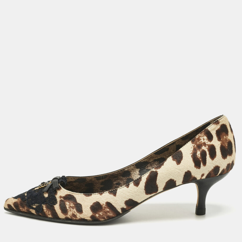 Dolce & Gabbana Brown/Beige Calf Hair Bow Pointed Toe Pumps Size 37
