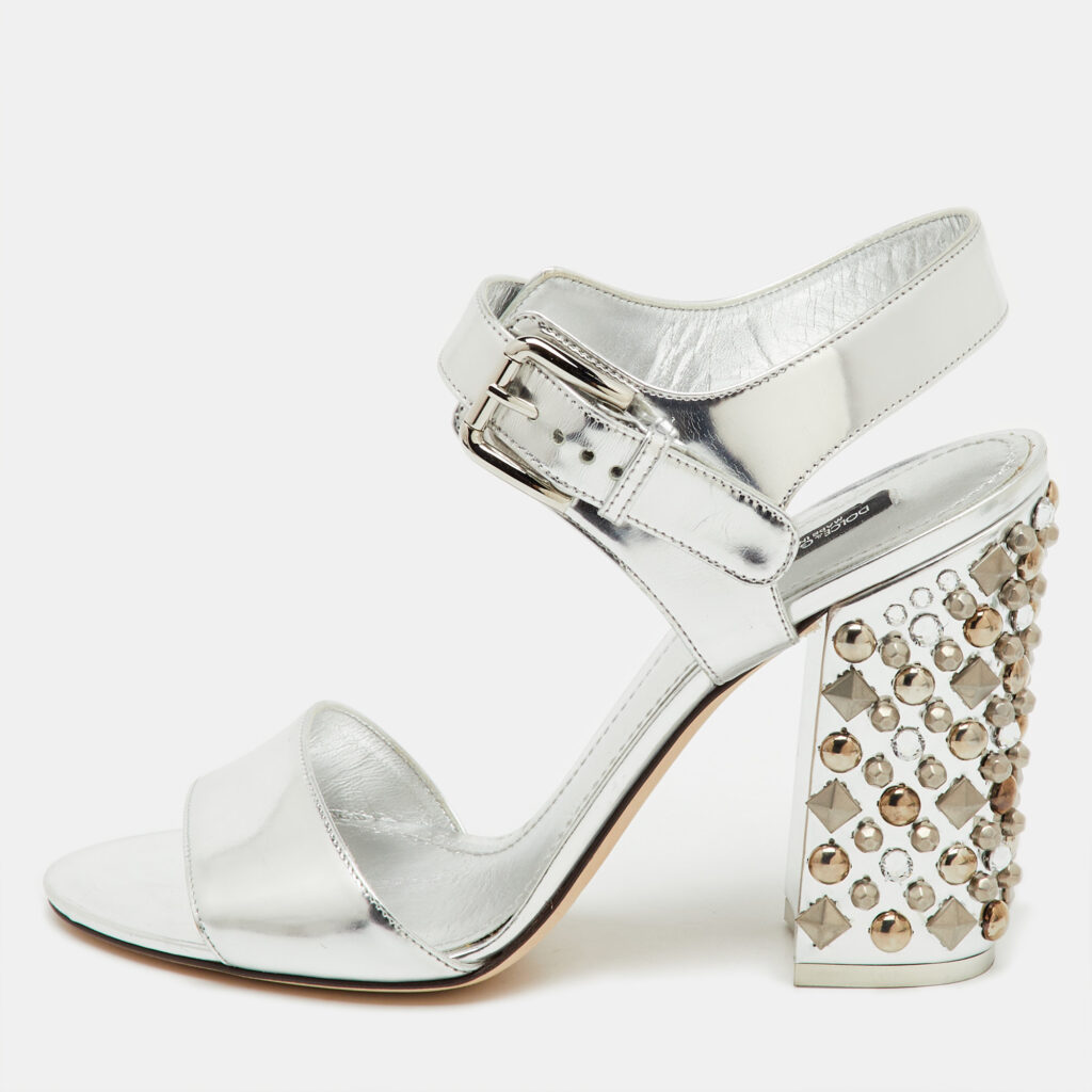 Dolce & Gabbana Silver Leather Embellished Block Heel Ankle Strap Sandals Size 41