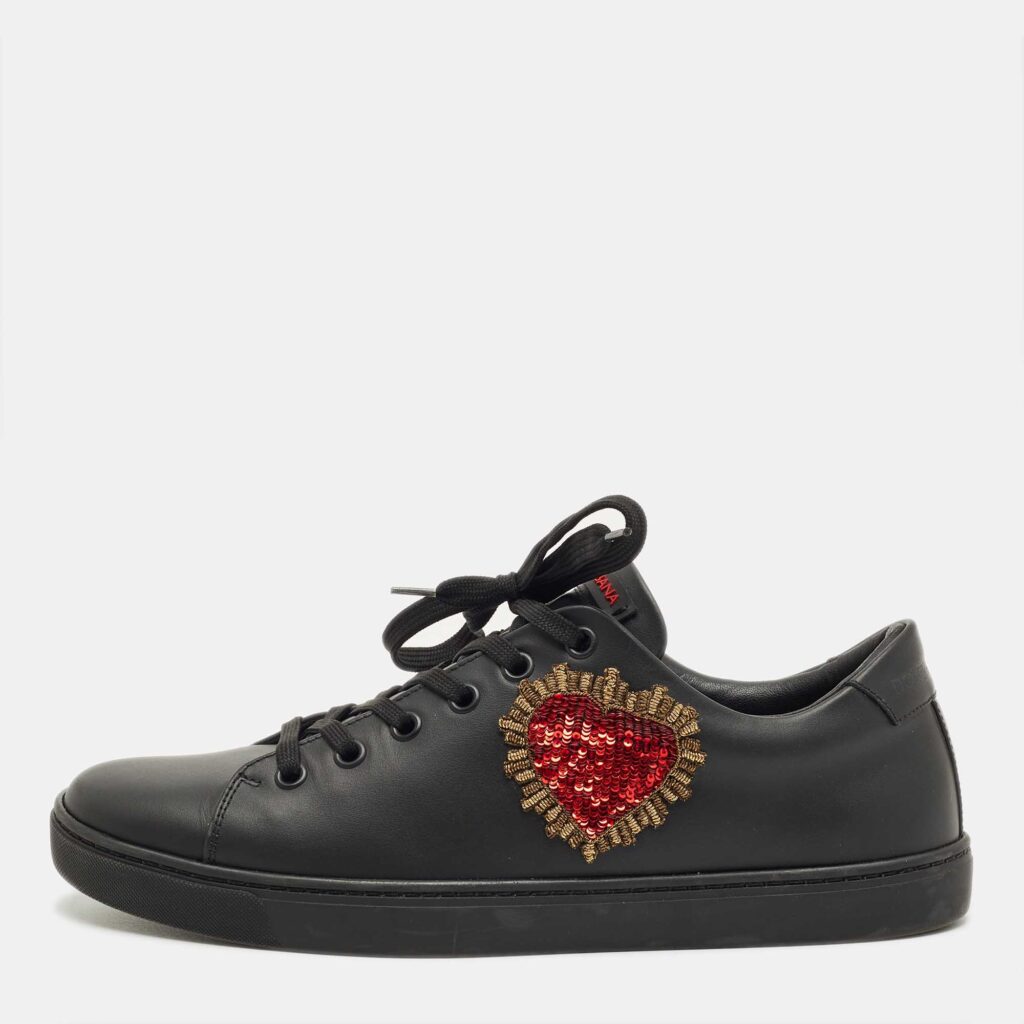 Dolce & Gabbana Black Leather DG Heart Sneakers Size 39