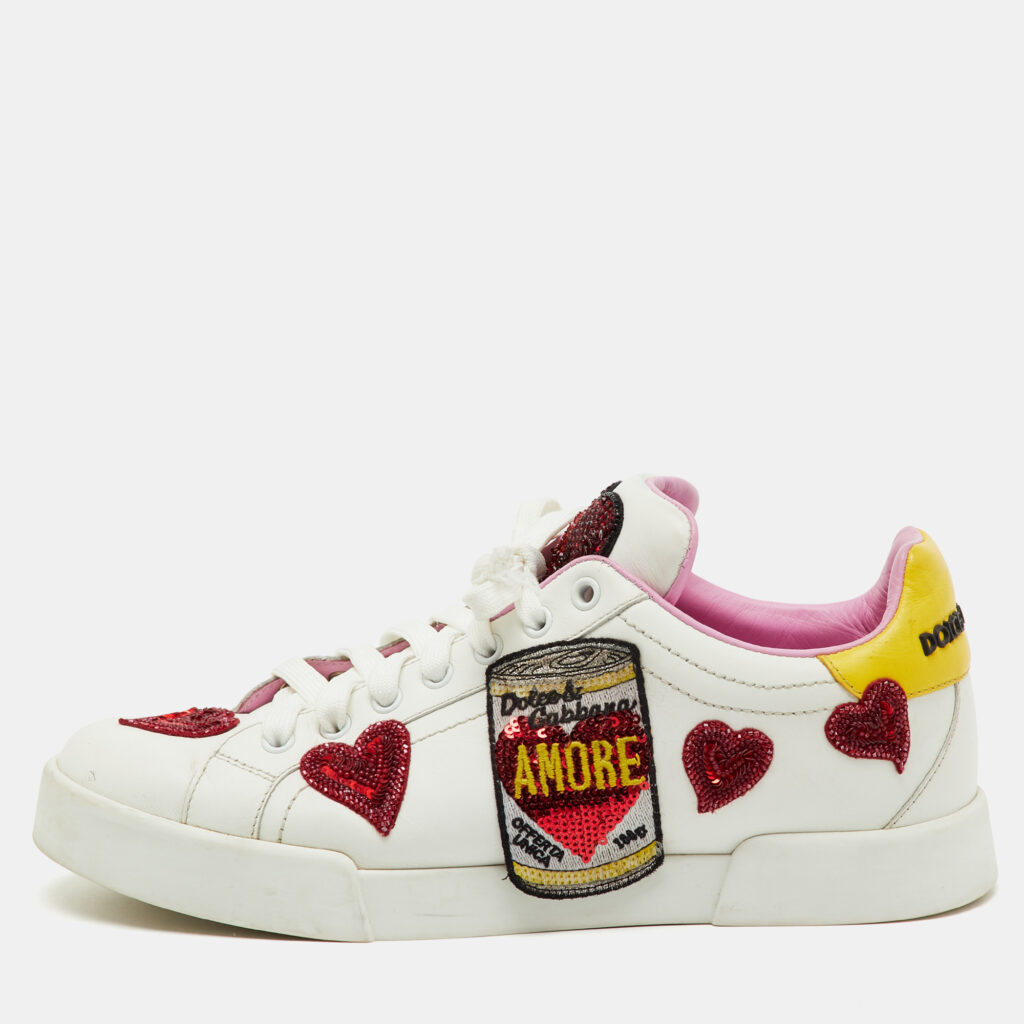 Dolce & Gabbana White/Yellow Leather Amore Heart Embroidered Low Top Sneakers Size 41