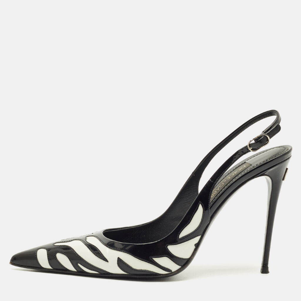 Dolce & Gabbana White/Black Patent Leather Pointed Toe Slingback Pumps Size 40