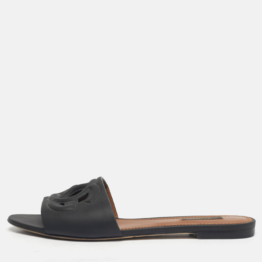 Dolce & Gabbana Black Leather DG Cut Out Flat Slide Size 39.5 Dolce & Gabbana Black Leather DG Cut Out Flat Slide Size 39.5