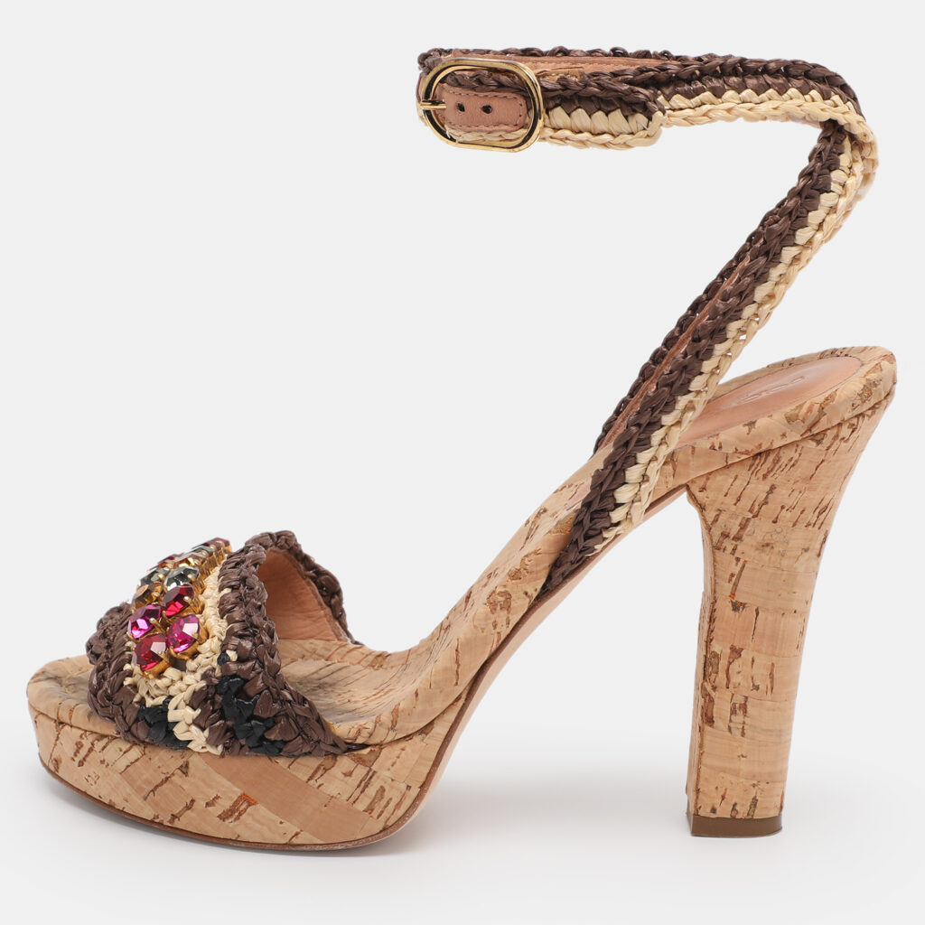 Dolce & Gabbana Beige/Brown Straw Crystal Embellished Ankle Strap Sandals Size 38 Dolce & Gabbana Beige/Brown Straw Crystal Embellished Ankle Strap Sandals Size 38