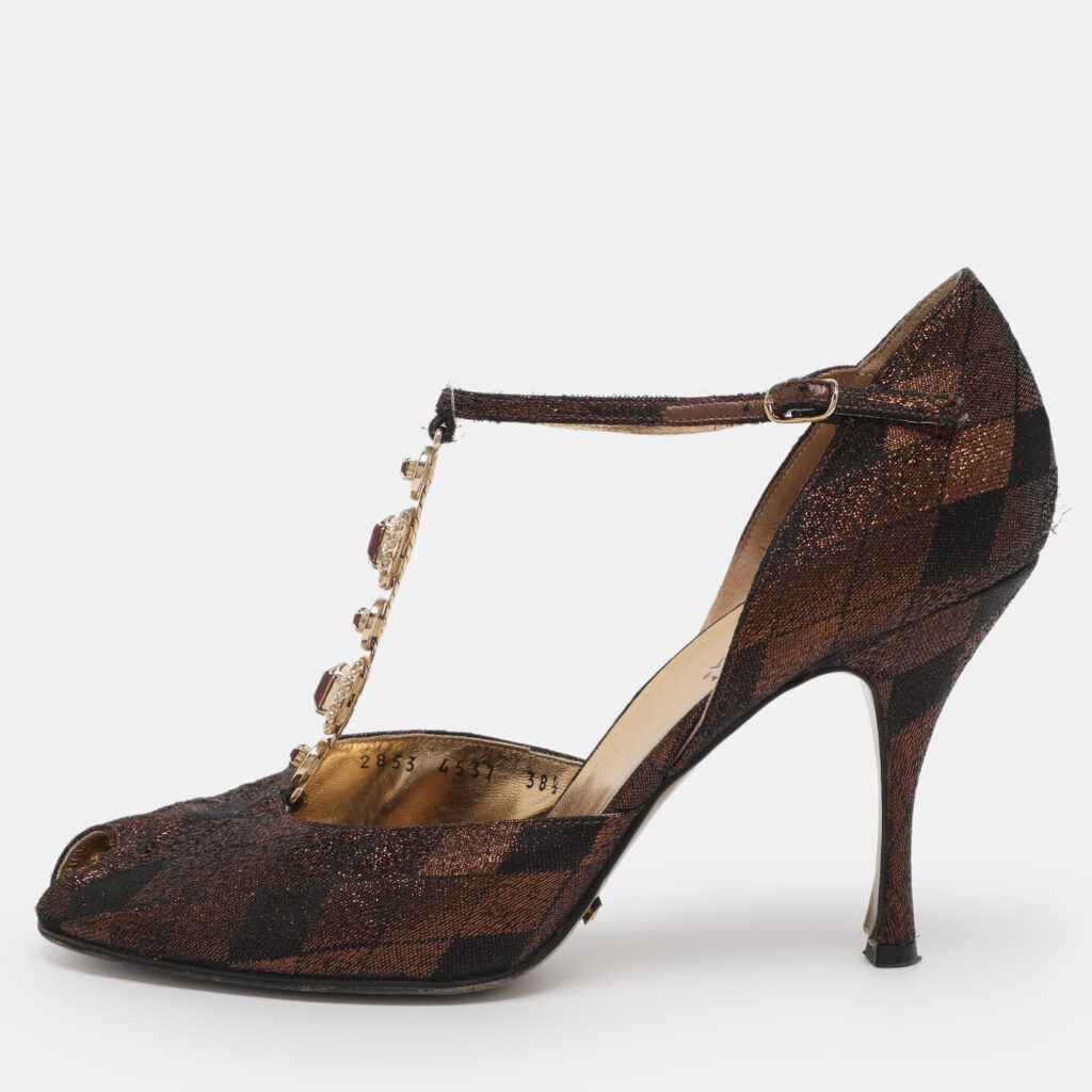 Dolce & Gabbana Metallic Lurex Fabric Peep Toe Ankle Strap Pumps Size 38.5