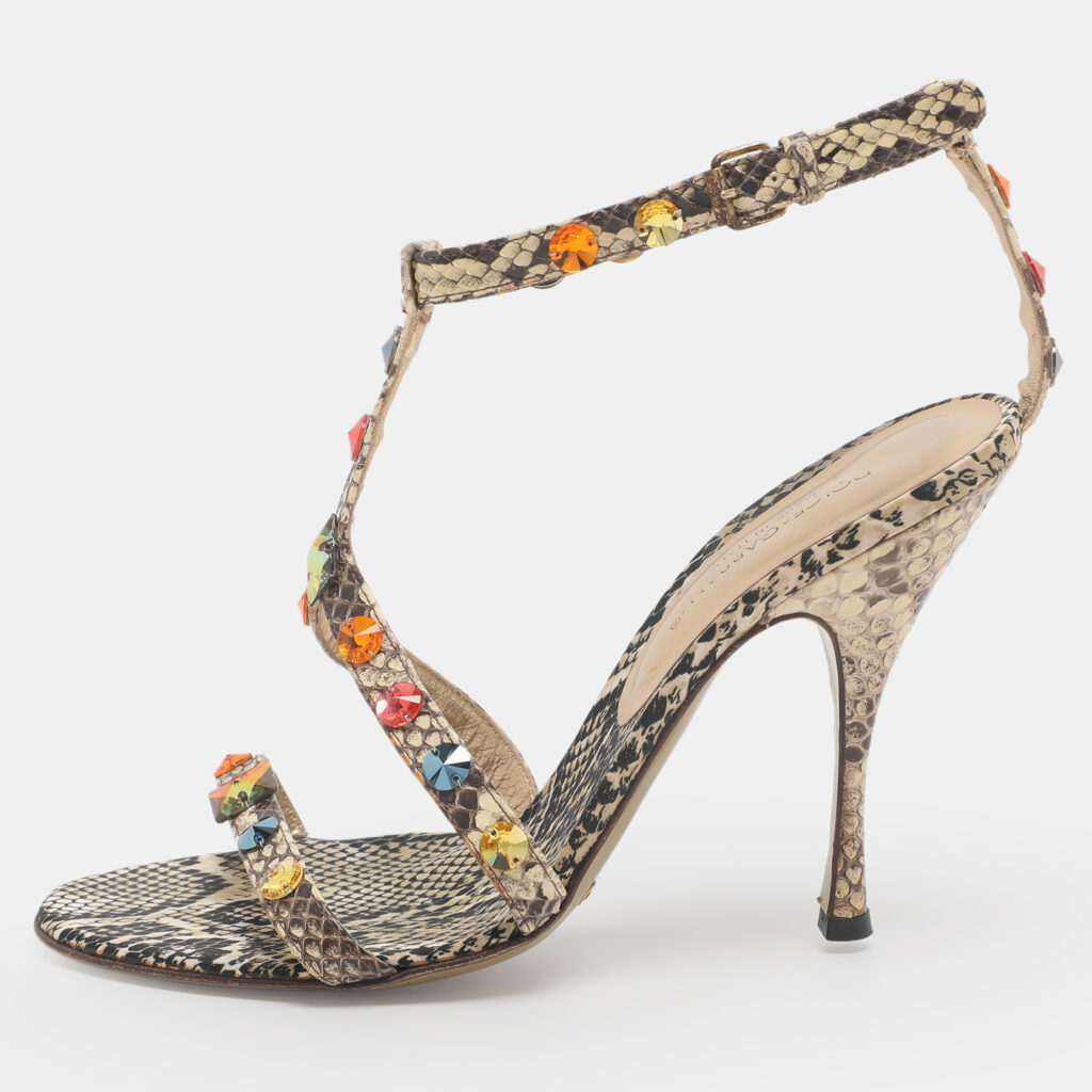 Dolce & Gabbana Beige Python Leather Crystal Embellished Ankle Strap Sandals Size 38.5 Dolce & Gabbana Beige Python Leather Crystal Embellished Ankle Strap Sandals Size 38.5