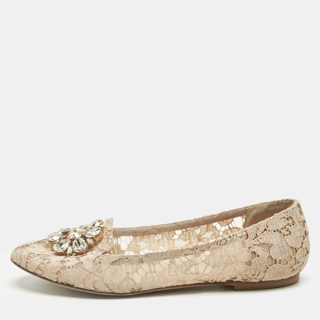 Dolce & Gabbana Beige Lace Crystal Embellish Ballet Flats Size 39 Dolce & Gabbana Beige Lace Crystal Embellish Ballet Flats Size 39