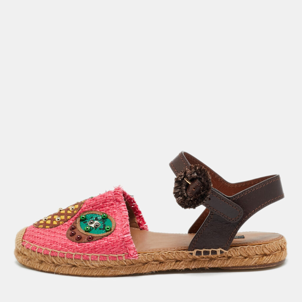 Dolce & Gabbana Multicolor Leather and Raffia Pineapple Kiwi Patch Espadrille Sandals Size 38