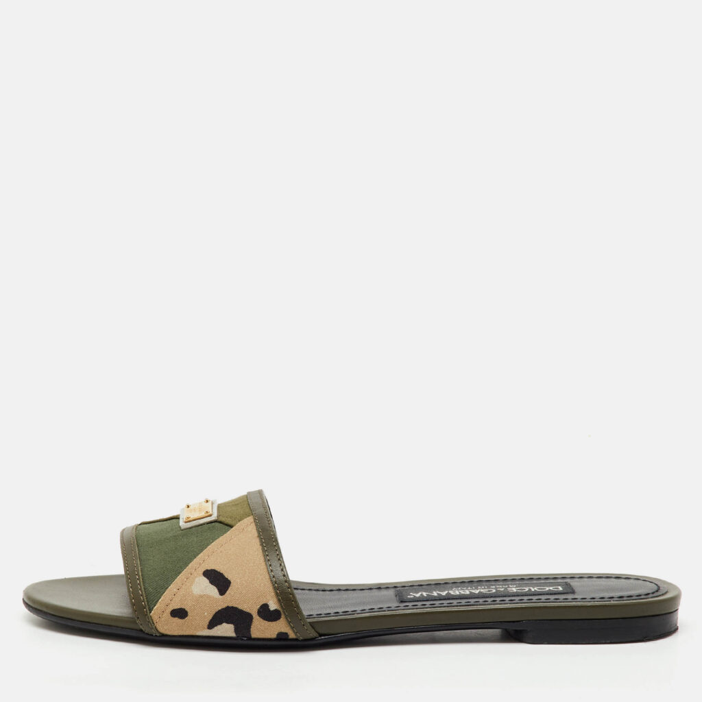Dolce & Gabbana Olive Green Leather and Fabric Camouflage Flat Slide Sandals Size 38